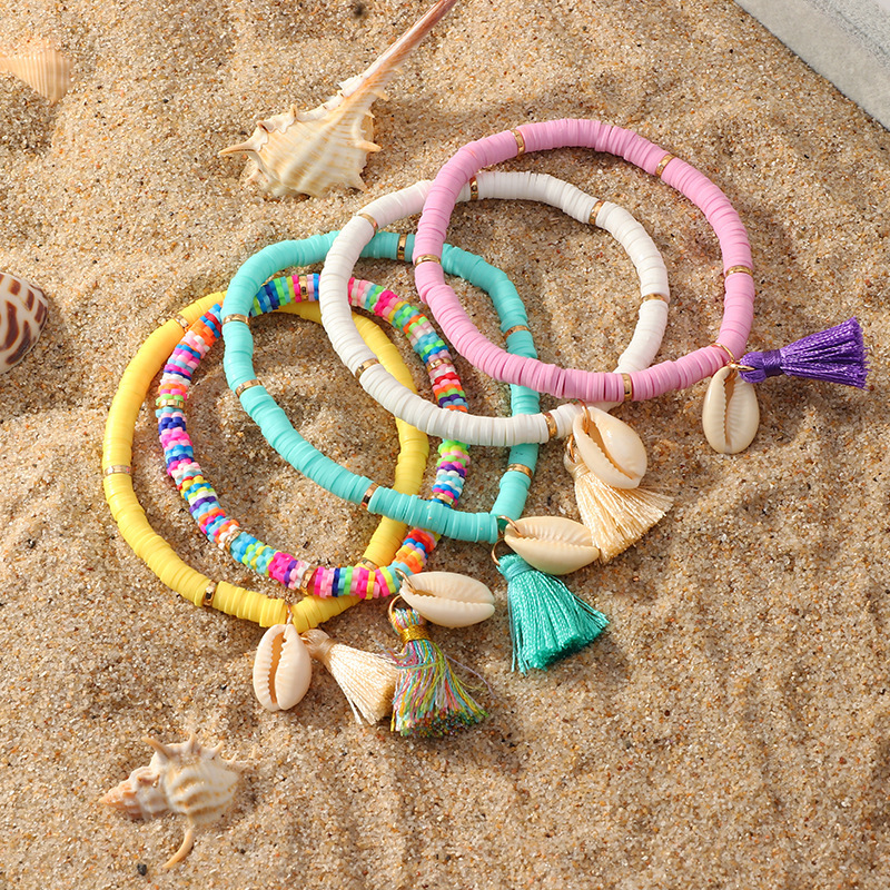 Bohemian Beach Style Simple Colorful Soft Ceramic Bangles Women Accessories Jewelry Handmade Knitting Shell Tassel Bracelet