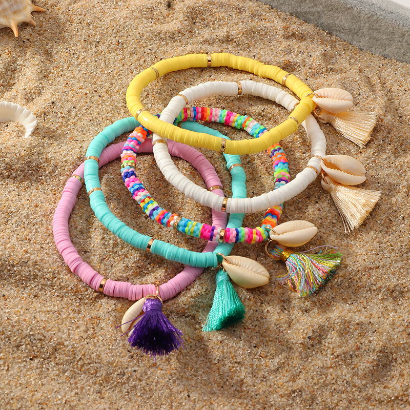 Bohemian Beach Style Simple Colorful Soft Ceramic Bangles Women Accessories Jewelry Handmade Knitting Shell Tassel Bracelet