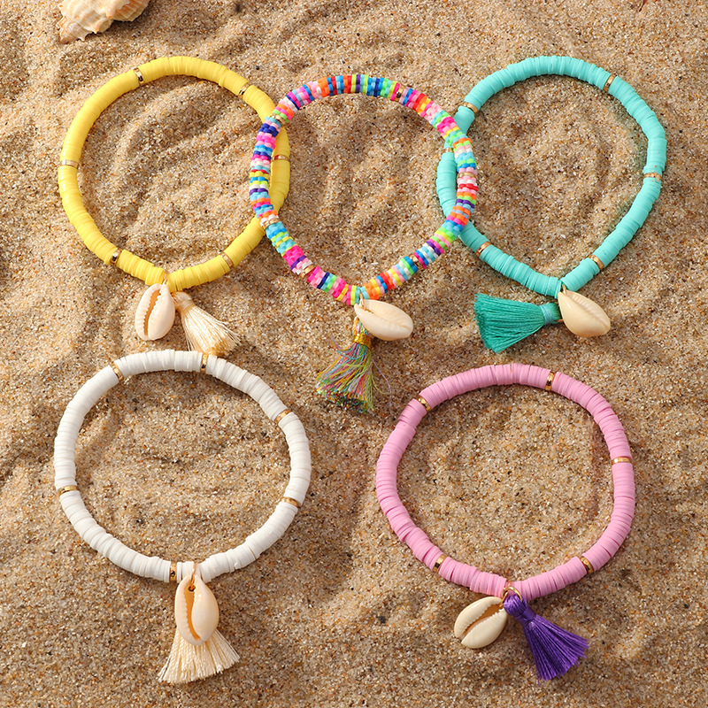 Bohemian Beach Style Simple Colorful Soft Ceramic Bangles Women Accessories Jewelry Handmade Knitting Shell Tassel Bracelet