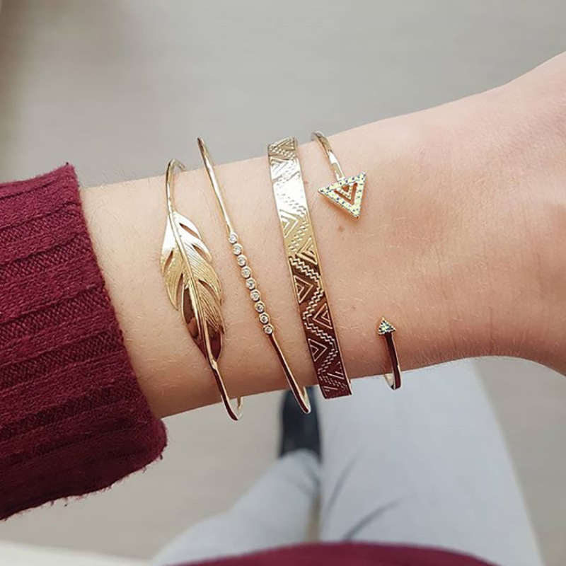 Charm Micro Paved Zircon Chain 4 pieces Set Opening Arrow  Leaf Multi layer Bangles Bracelets Jewelry Gift