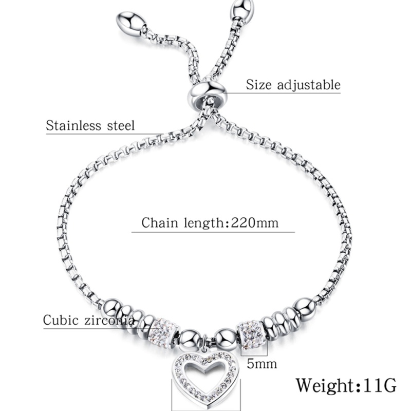 Instyle Adjustable Heart Shape Love CZ Stone Rose Gold Plated Customize Stainless Steel Bracelets for Women