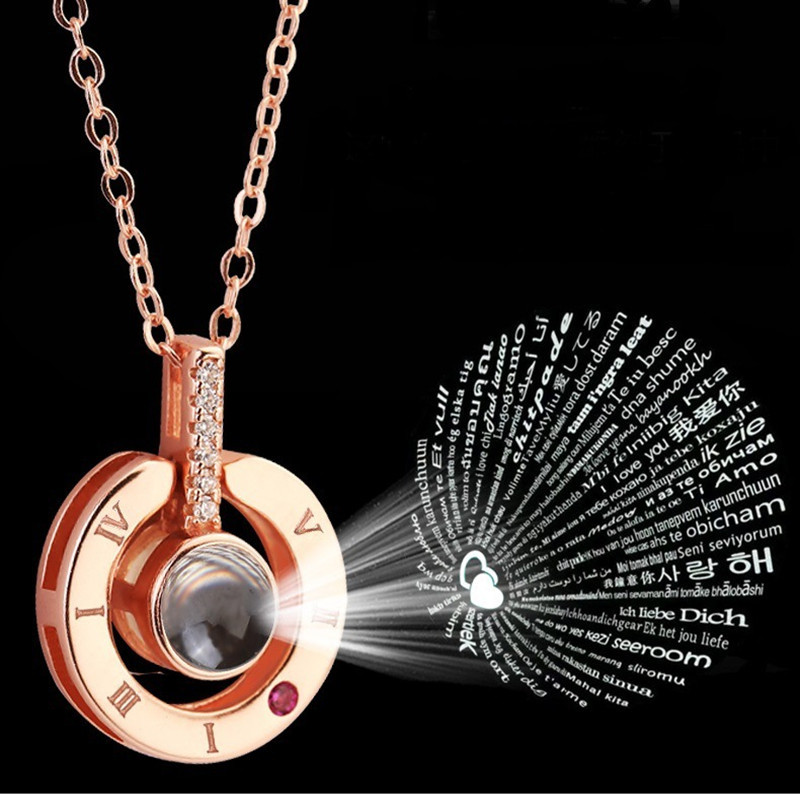 Rose Gold Plated 100 Languages I Love You Projection Crystal Heart Romantic Jewelry Chain Pendant Necklace for Women Gift
