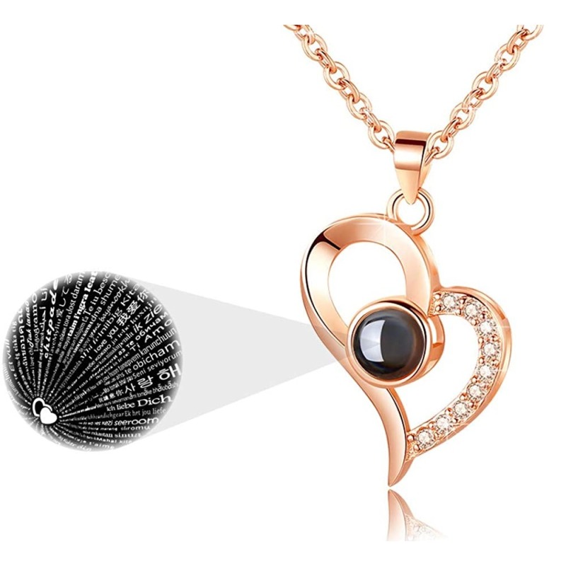 Rose Gold Plated 100 Languages I Love You Projection Crystal Heart Romantic Jewelry Chain Pendant Necklace for Women Gift