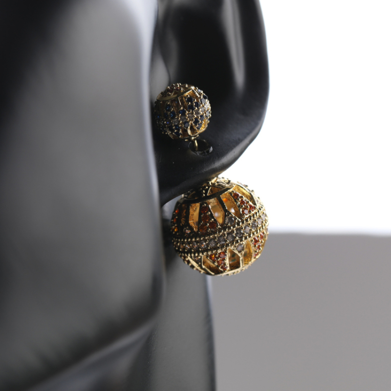 Middle East Style Exaggerated Gold Earring 2 CZ Micro Pave Ball Earring