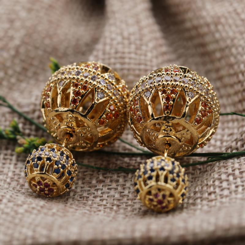 Middle East Style Exaggerated Gold Earring 2 CZ Micro Pave Ball Earring