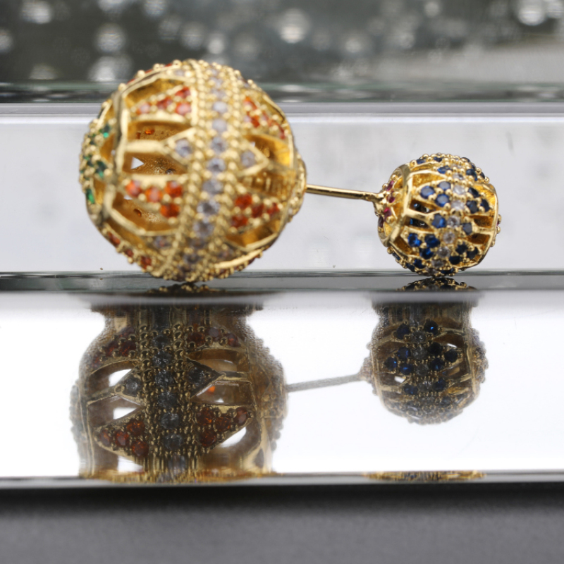 Middle East Style Exaggerated Gold Earring 2 CZ Micro Pave Ball Earring