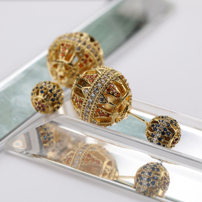 Middle East Style Exaggerated Gold Earring 2 CZ Micro Pave Ball Earring