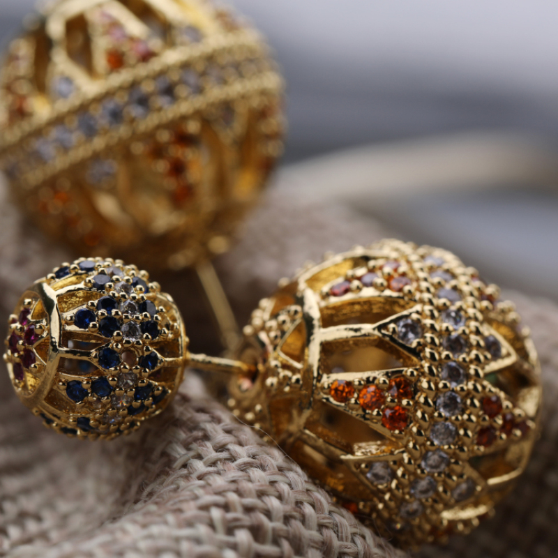 Middle East Style Exaggerated Gold Earring 2 CZ Micro Pave Ball Earring