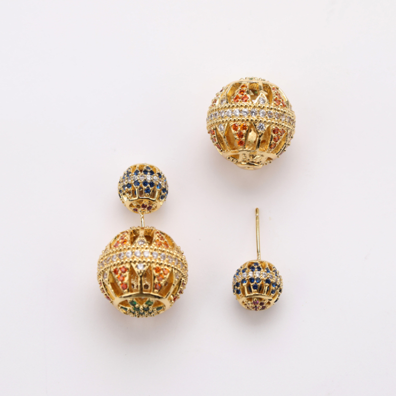 Middle East Style Exaggerated Gold Earring 2 CZ Micro Pave Ball Earring