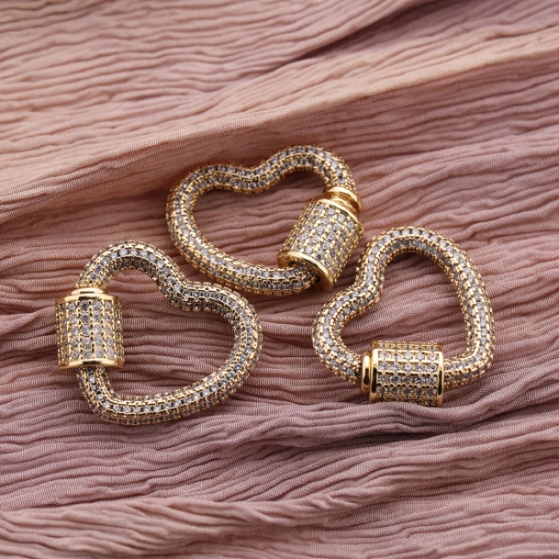 Wholesale Custom Women Fashion Gold Plated Zircon Copper Heart Carabiner DIY Jewelry Accessory for Bracelet Necklace Making