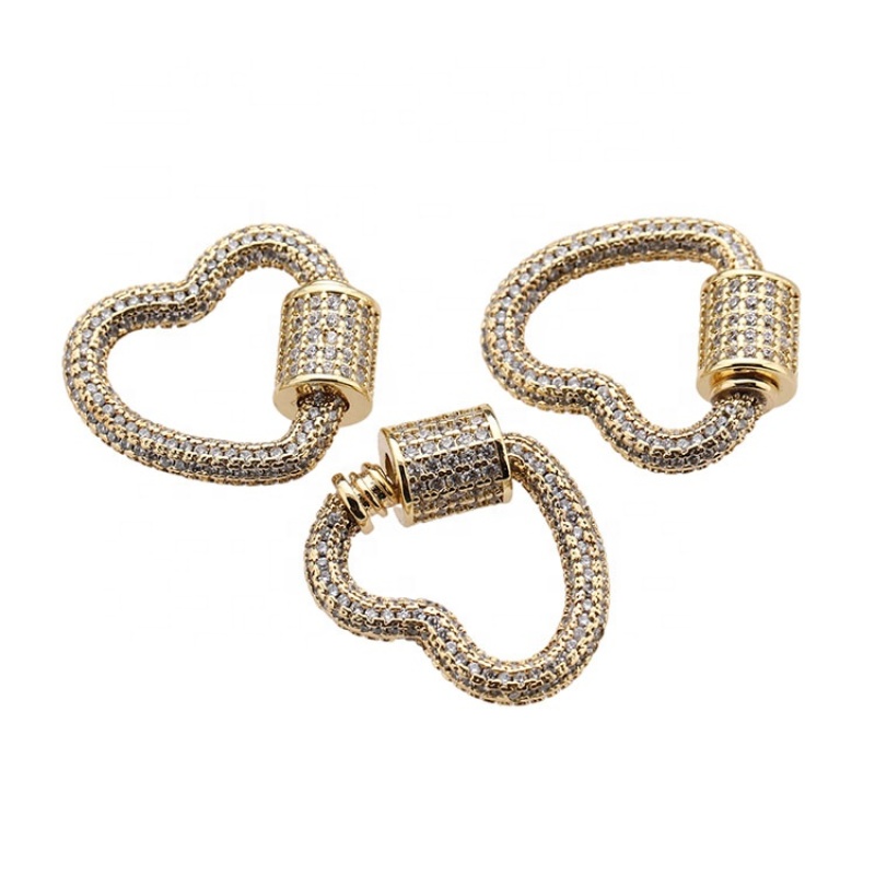 Wholesale Custom Women Fashion Gold Plated Zircon Copper Heart Carabiner DIY Jewelry Accessory for Bracelet Necklace Making