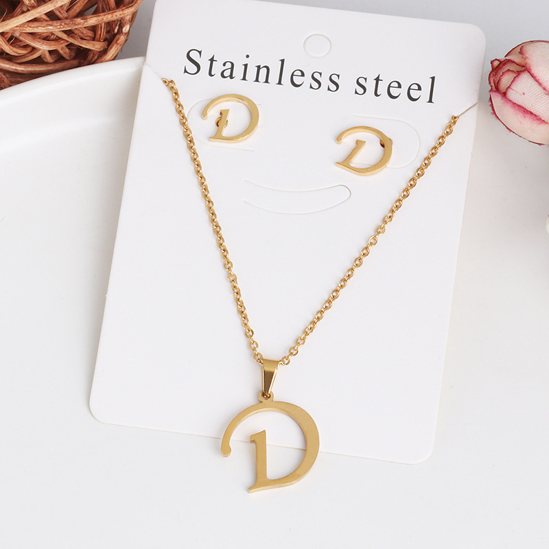 Wholesale Women Fashion Accessories Korean Gold Plated Stainless Steel Jewelry Letter Pendant Necklace Letter Stud Earrings Set