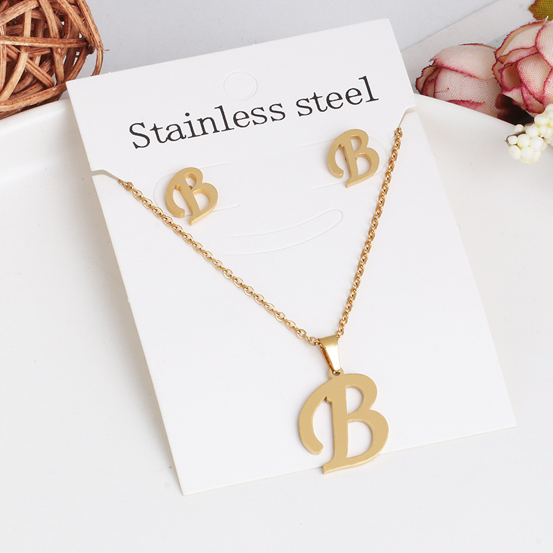 Wholesale Women Fashion Accessories Korean Gold Plated Stainless Steel Jewelry Letter Pendant Necklace Letter Stud Earrings Set