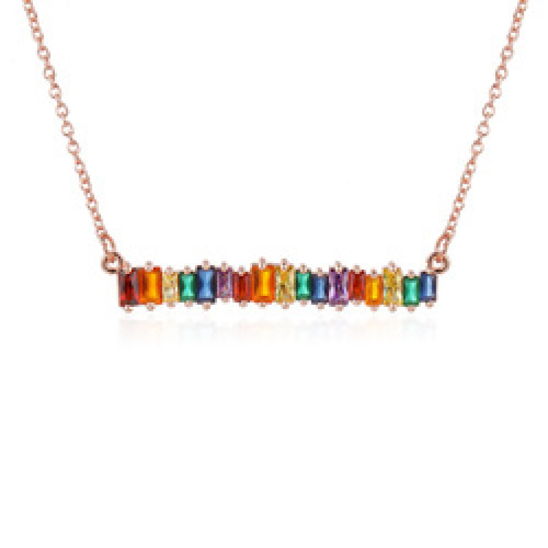 Multi Color Cubic Zirconia Bar Pendant Necklace Ladys Jewelry Rainbow Necklace