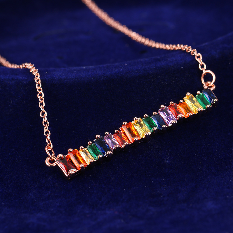 Multi Color Cubic Zirconia Bar Pendant Necklace Ladys Jewelry Rainbow Necklace