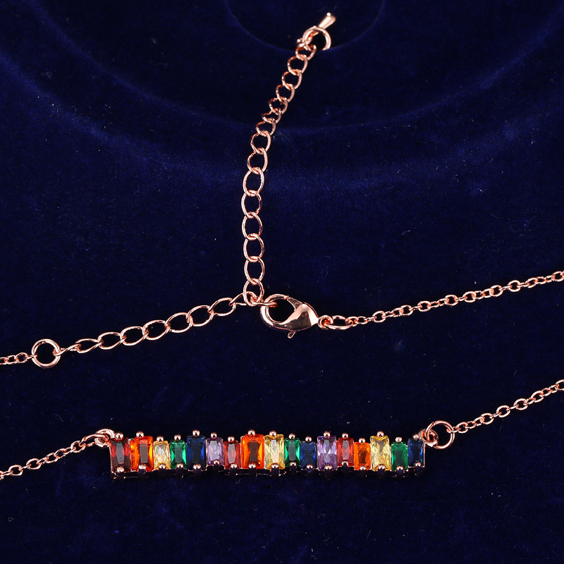 Multi Color Cubic Zirconia Bar Pendant Necklace Ladys Jewelry Rainbow Necklace