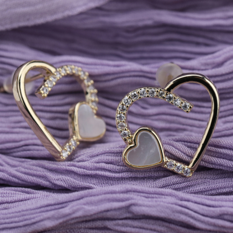 Best Womens Gift Gold Plated Crystal Zircon Micro Pave Brass Heart Stud Earring