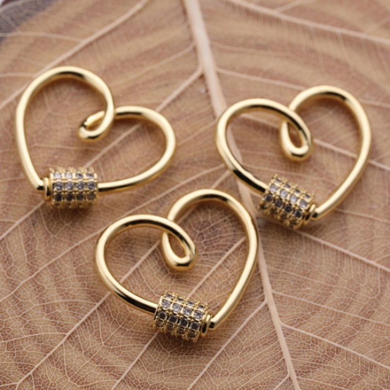 Custom Wholesale Women Trendy Gold Plated Zircon Brass CZ Heart Carabiner DIY Jewelry Accessory for Bracelet Necklace Making