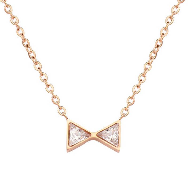Cute Simple Micro Insert Bow Necklace Zirconium Titanium Steel Necklace with Chain