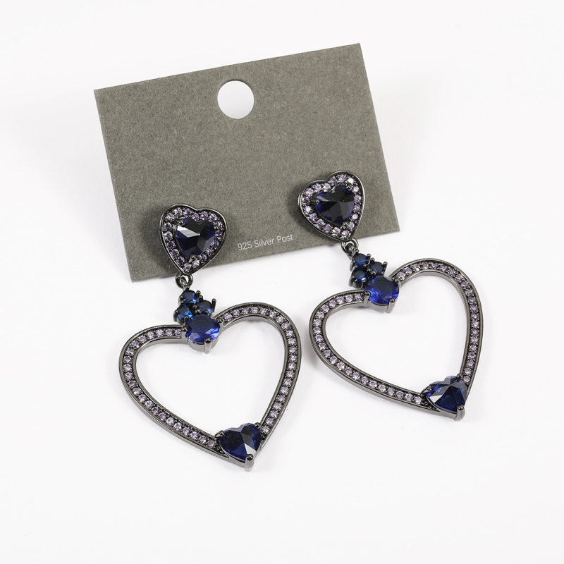 2021 Fashion Jewelry Black Gun Plated Brass Zircon Heart Oversize Exaggerated Large Big Statement Stud Post Earrings For Women