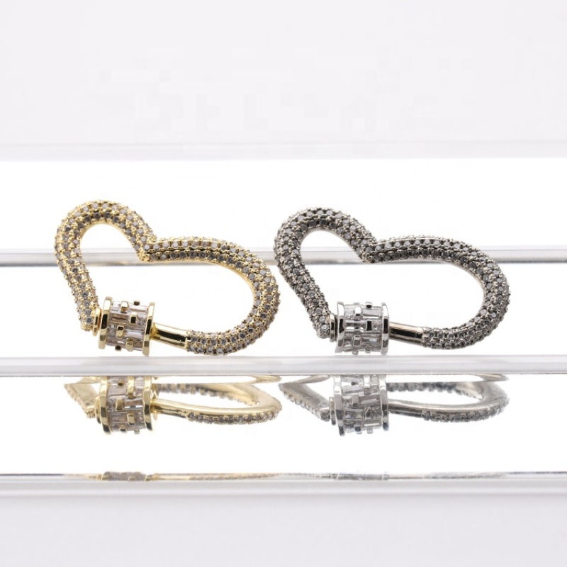 High Quality Clear CZ Micro Pave Heart Shape Clasp Carabiner Gold Plated Heart Pendant for Necklace Jewelry Findings