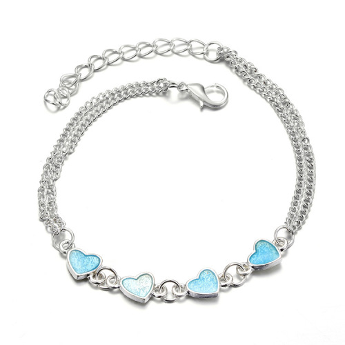 Adjustable Silver Plated Heart Ankle Bracelet Foot Jewelry Blue Luminous Heart Charm Anklet