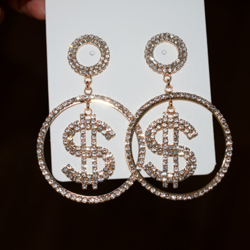 Silver Plated Over Sized Rhinestone Zircon Pendant Dangle Dollar Hoops Earrings For Women