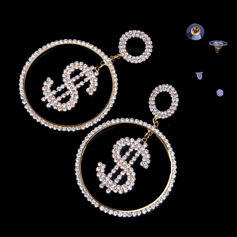 Silver Plated Over Sized Rhinestone Zircon Pendant Dangle Dollar Hoops Earrings For Women