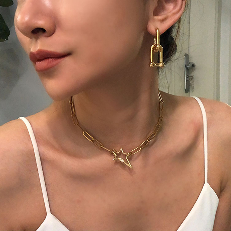 Hollow Five Pointed Star Carabiner Necklace Paper Clip Chain Irregular Necklaces for Women Colorful CZ Stone Choker Necklace