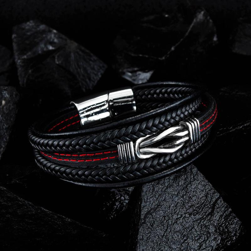 Custom Engraved Romantic PU Leather Bangles Men Wristband Bracelet Stainless Steel Black Jewelry Factory Bangle Bracelet