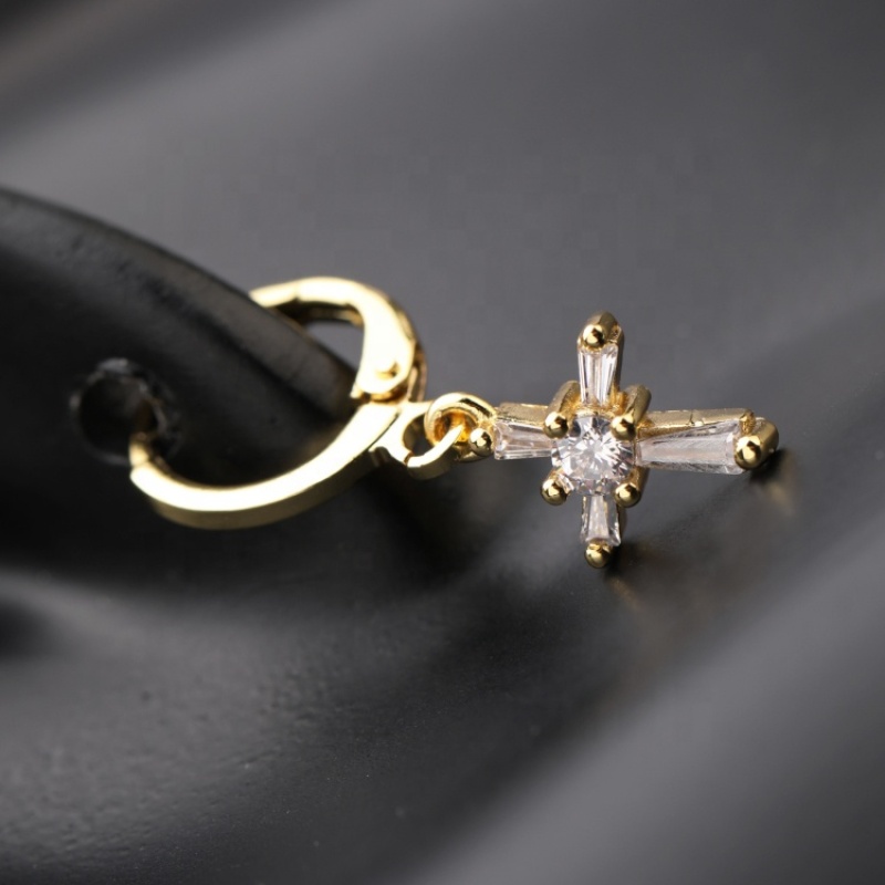 High Quality New Design Gold Plated Zircon White Earring CZ Micro Pave Cross Crucifix Charm Pendant Hoop Drop Earrings Women