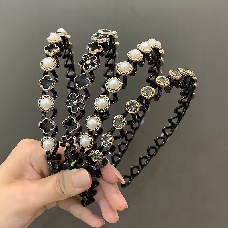 Wholesale Korea designs latest floral bow headbands making accessories wide black knot pearl hairbands for women winter outfit