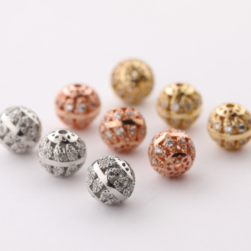 Gold Plated Micro Pave Flower Engraved Metal Beads for Women Jewelry Making