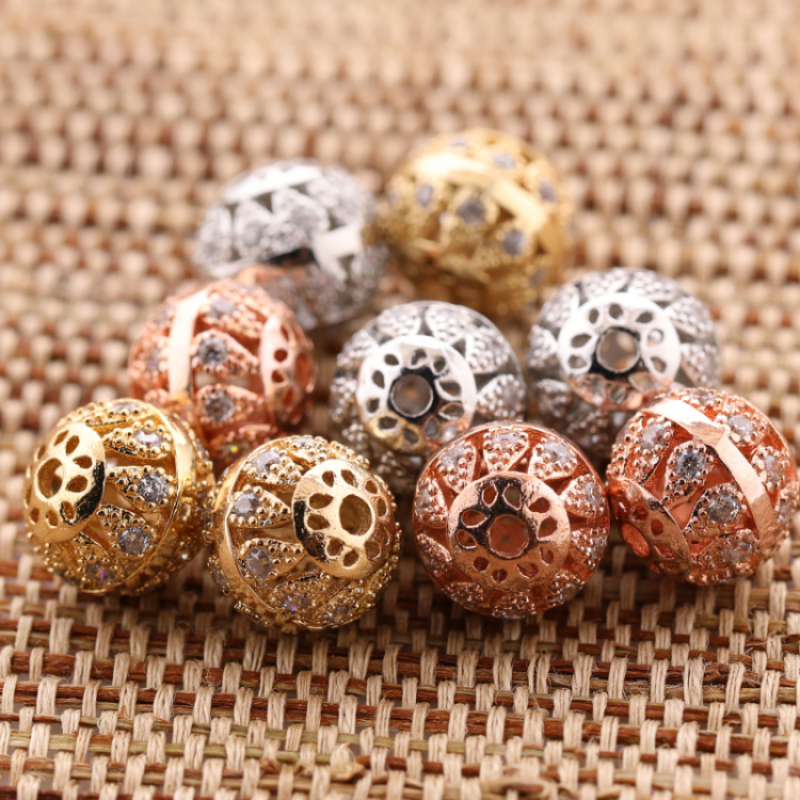 Gold Plated Micro Pave Flower Engraved Metal Beads for Women Jewelry Making