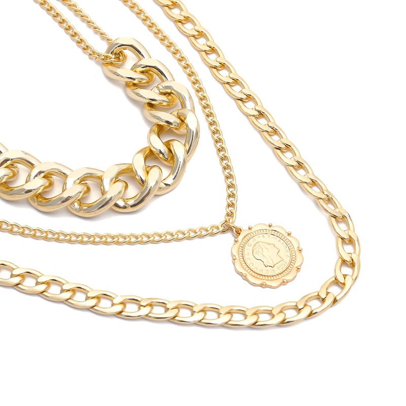 Punk Style Geometric Irregular Hollow Cuban Hip Hop Multi Layer Alloy Queen Pendant Thick Chain Necklace