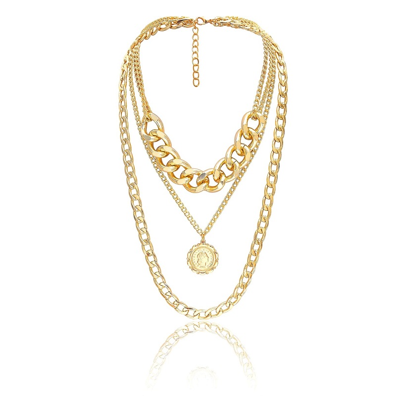 Punk Style Geometric Irregular Hollow Cuban Hip Hop Multi Layer Alloy Queen Pendant Thick Chain Necklace