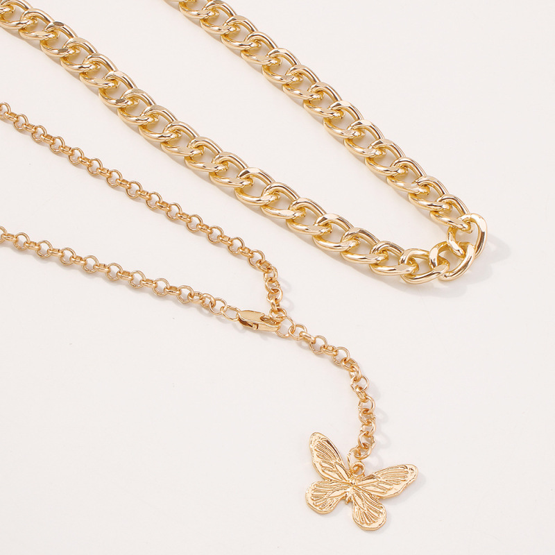 New Fashion Elegant Design Double Layer Jewelry Vintage Alloy Thick Chain Butterfly Pendant Necklace Set