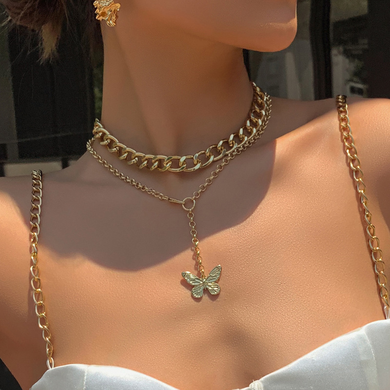 New Fashion Elegant Design Double Layer Jewelry Vintage Alloy Thick Chain Butterfly Pendant Necklace Set