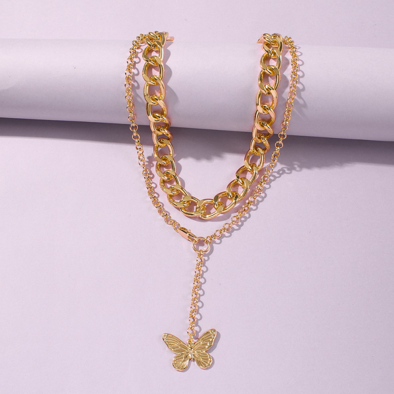 New Fashion Elegant Design Double Layer Jewelry Vintage Alloy Thick Chain Butterfly Pendant Necklace Set
