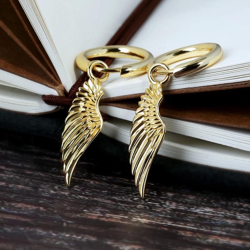 Hip Hop Hoop Earrings with Angel Wing Charm Feather Earrings 925 Silver Gold Dangle Earrings