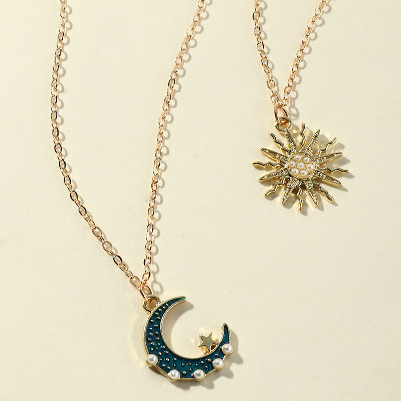 Fashion Jewelry Creative Vintage Double Layered Personalized Sun Moon Link Chain Necklace for Women