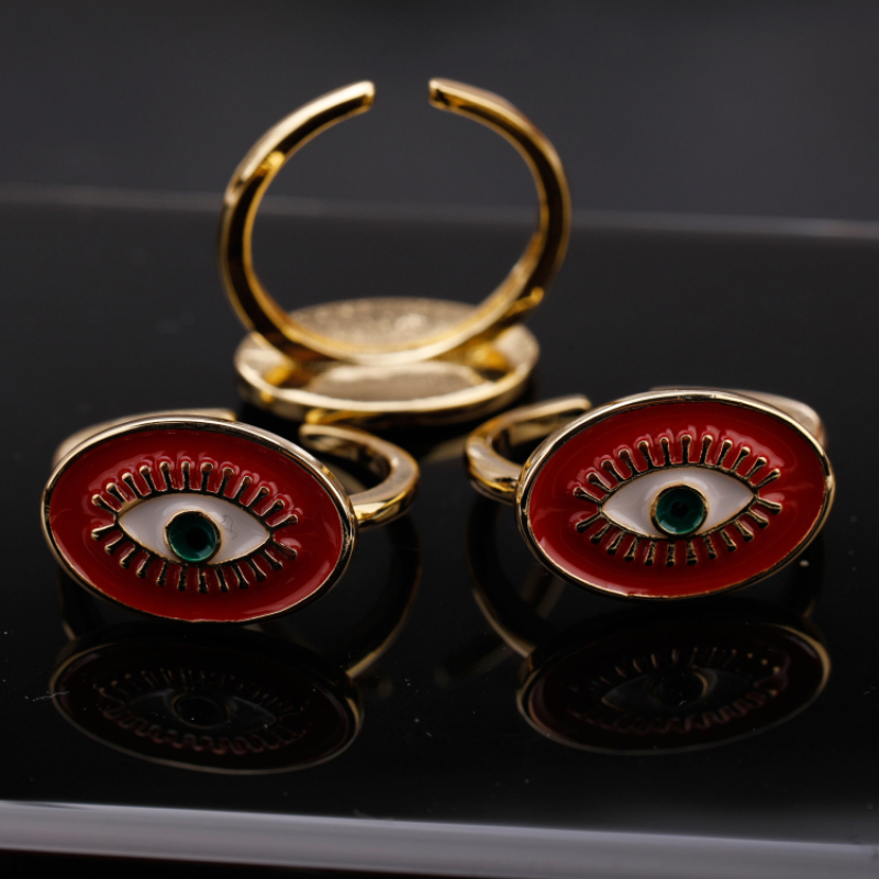 High Quality Gold Plated Red Enameled Jewelry Devil Evils Eye Rings Adjustable Copper Ring for Women