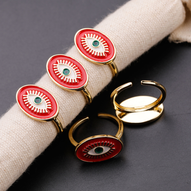 High Quality Gold Plated Red Enameled Jewelry Devil Evils Eye Rings Adjustable Copper Ring for Women
