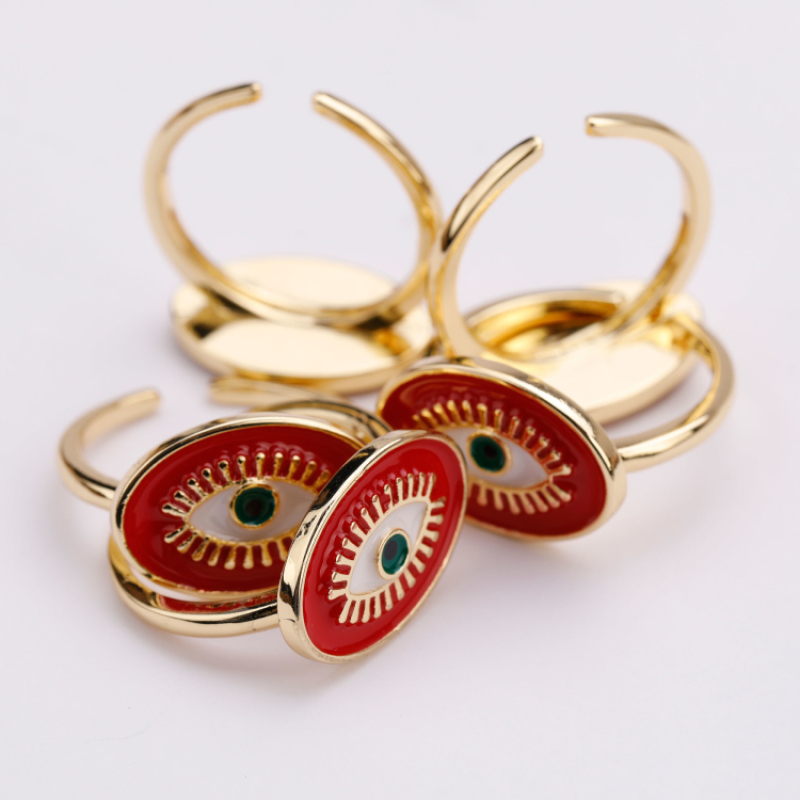 High Quality Gold Plated Red Enameled Jewelry Devil Evils Eye Rings Adjustable Copper Ring for Women