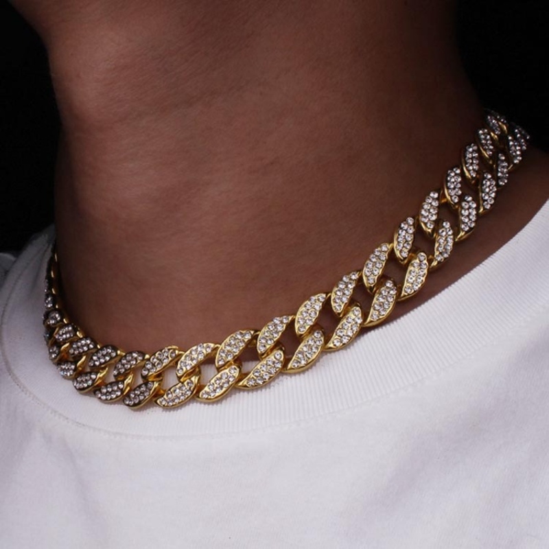 New Trendy Hiphop Style Men Cool Iced Out BlingBling Crystal Cuban Link Chain Necklace with Rhinestone