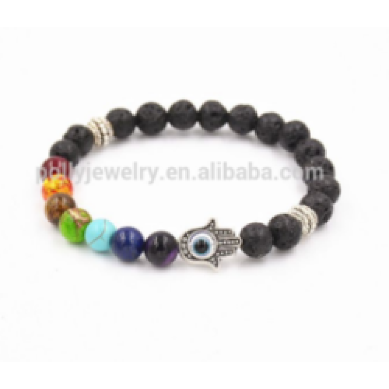 8mm 7 Chakra Healing Pray Mala Hamsa Hand Palm Charm Black Lava Natural Stone Bead Bracelet
