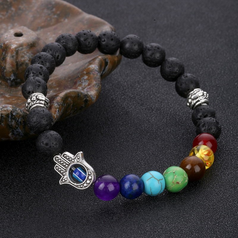 8mm 7 Chakra Healing Pray Mala Hamsa Hand Palm Charm Black Lava Natural Stone Bead Bracelet