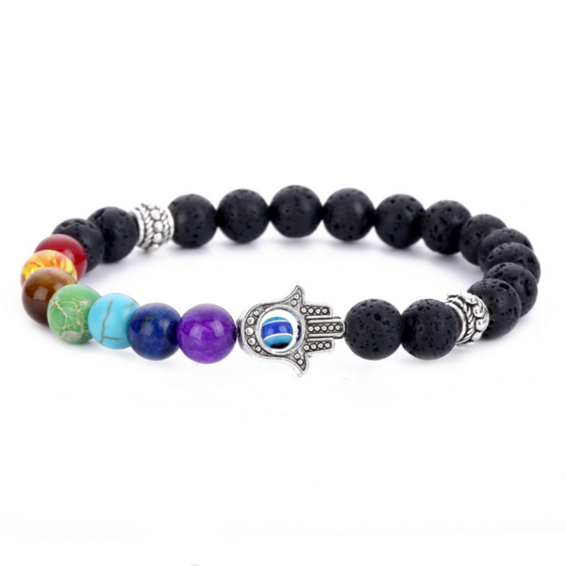 8mm 7 Chakra Healing Pray Mala Hamsa Hand Palm Charm Black Lava Natural Stone Bead Bracelet