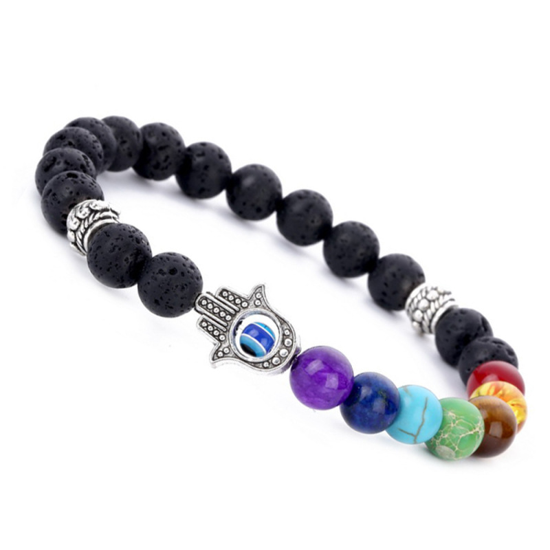 8mm 7 Chakra Healing Pray Mala Hamsa Hand Palm Charm Black Lava Natural Stone Bead Bracelet