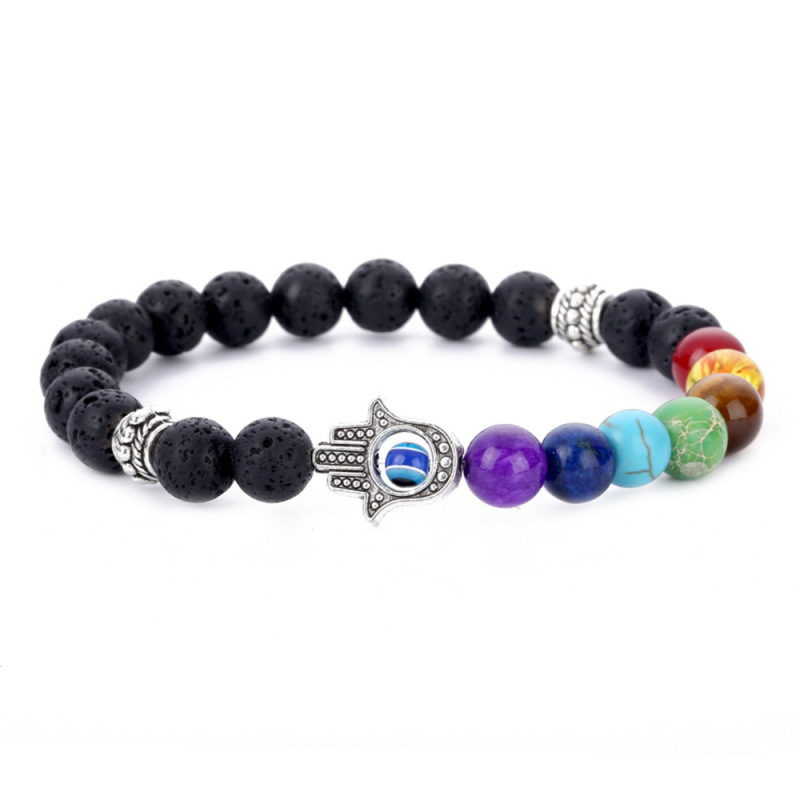 8mm 7 Chakra Healing Pray Mala Hamsa Hand Palm Charm Black Lava Natural Stone Bead Bracelet